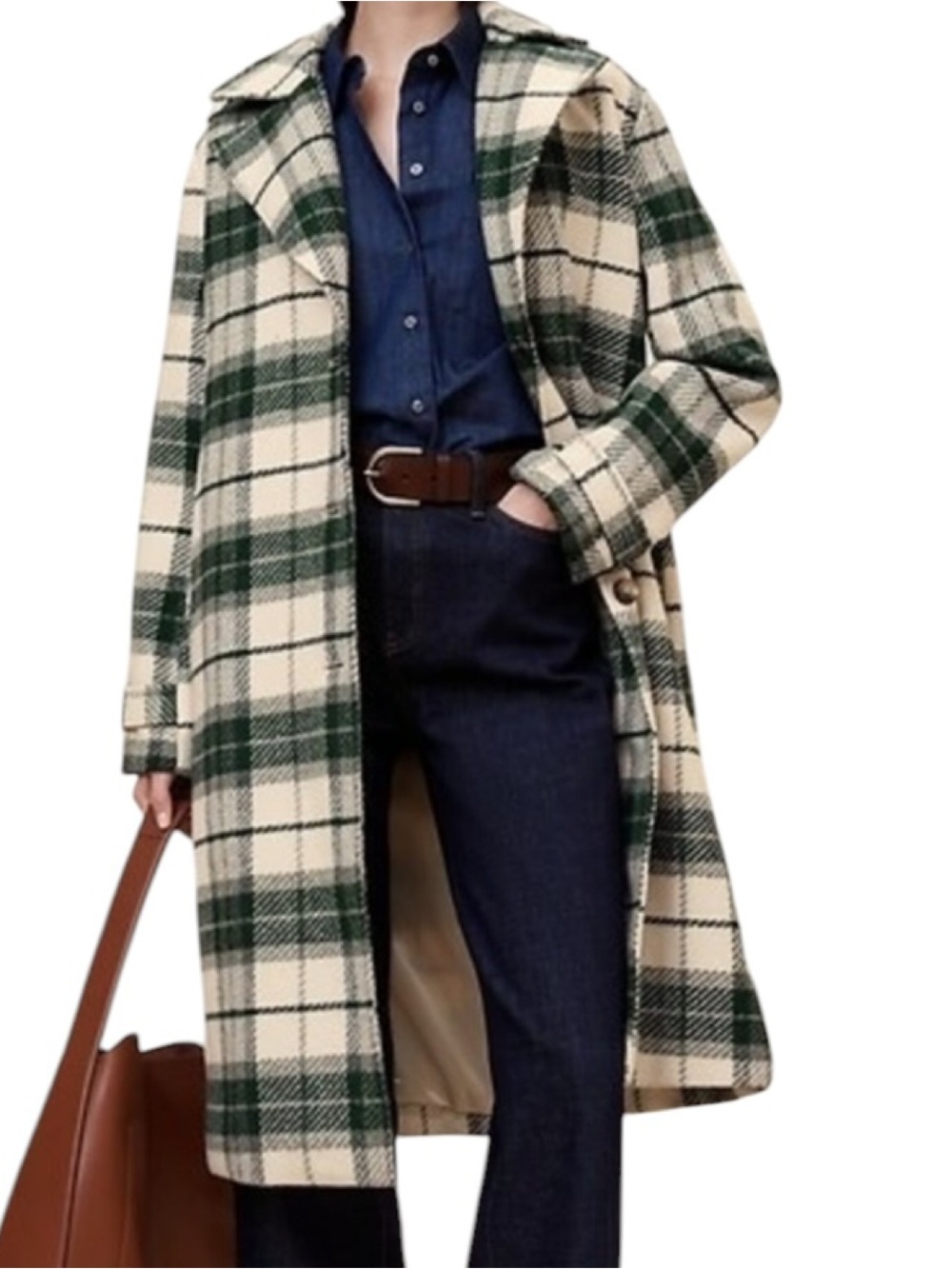 Banana Republic Women’s Plaid Long Wool Blend Coat Green Ivory Check Coat Large